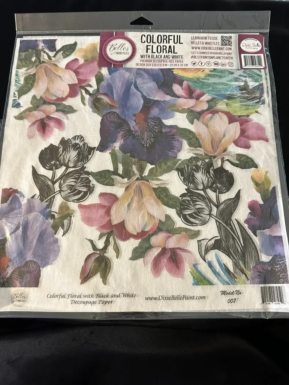 New Sealed Belles & Whistles Colorful Floral Decoupage Rice Paper 11.81”x12.6”